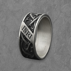 Anillo INRI de plata de ley 925 oxidada: Corona de espinas, joyería cristiana, regalo religioso para hombre, anillo gótico hecho a mano.