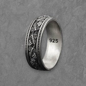 Oxidized 925 Sterling Silver Vine Leaf Ring – Botanical Pattern Wide Band, Nature Inspired Jewelry, Handmade Vintage Gift for Men or Women