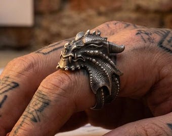Dragon Head Ring Gothic Silver Statement Band Fantasy Monster Mens Gift