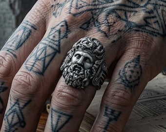 Zeus Ring Gothic Silver Portrait Band Greek Mythology Mens Goth Gift