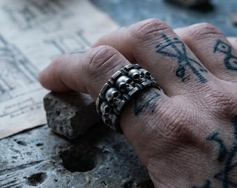 Oxidized Skull Silver Ring, Biker Punk Band, Edgy Jewelry