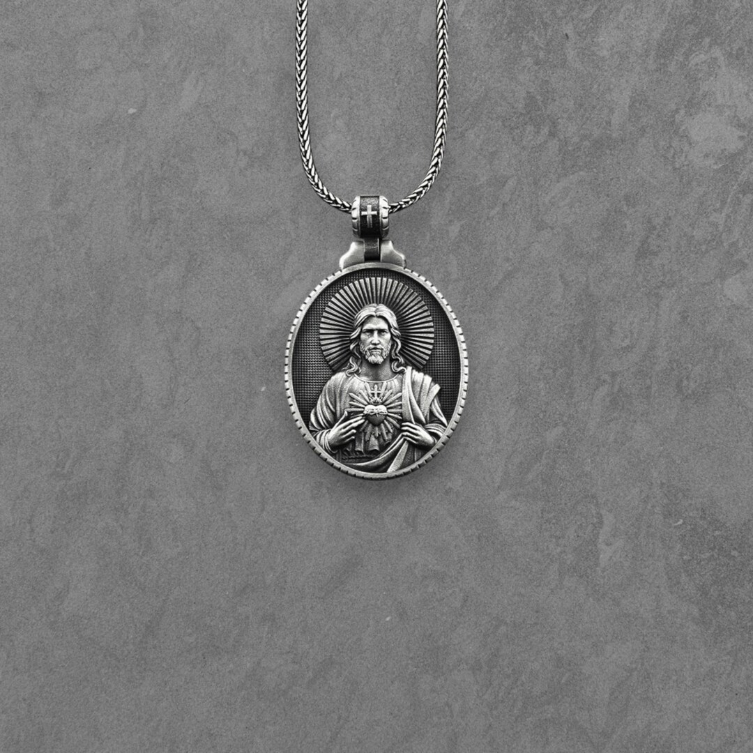 Sacred Heart of Jesus Sterling Silver Medal Necklace, Catholic Pendant ...