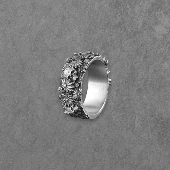 Sterling Silver Floral Skull Ring – Gothic Flower Band for Women or Men, Boho Rock Jewelry