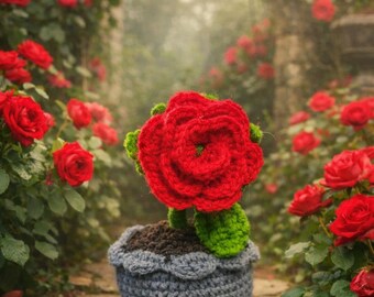 Elegante gehaakte rode roos in grijze pot - handgemaakt bloemendecor voor thuis of als cadeau