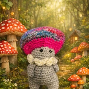 Pode incluir: Uma figura de cogumelo de crochê com corpo cinza, chapéu rosa e multicolorido e gola branca. A figura está em um cenário de floresta com outros cogumelos e o texto "Ai Background".