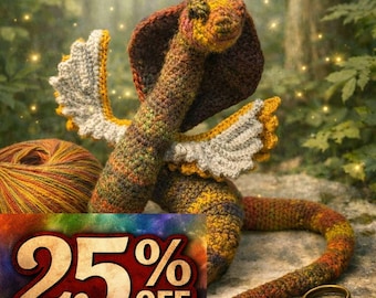 Handmade Crochet Cobra Style Snake with Wings - Autumn Coloured Reptile Sculpture - Unique Art Piece withWings -