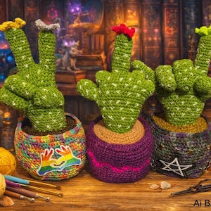 Pode incluir: Três esculturas de cactos de crochê verdes em vasos coloridos. Cada cacto tem uma flor de cor diferente no topo. Os vasos são decorados com vários desenhos, incluindo um adesivo de arco-íris e uma estrela.