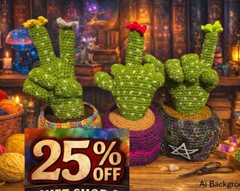 Whimsical Crochet Hand Cactus Decor with Peace, Rock on, Fun and Edgy novelty adult humor