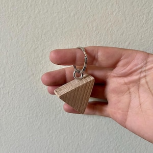 Può includere: Un portachiavi triangolare in legno con un anello in metallo argentato. Il portachiavi è realizzato in legno marrone chiaro e presenta un motivo a venature naturali. La forma triangolare è geometrica e moderna.