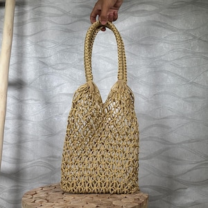 Handmade Macrame Crochet Tote Bag – Boho Market Net Bag in Golden Beige – Eco Bag Custom Size & Color – Beach Bag by goodhandcrafted