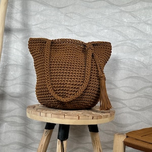 Handmade Crochet Tote Bag – Brown Festival Purse with Tassel – Boho Shoulder Bag – Poppins Style Gift for Her – Made to Order