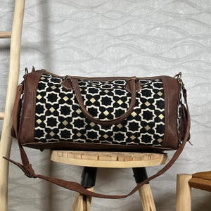 Handmade Moroccan Leather Duffle Bag with Geometric Pattern | Real Marrakesh Leather Travel Bag | Brass Hardware & Side Pocket