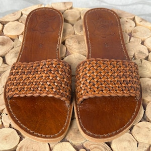 Handmade Moroccan Braided Leather Sandals | Flat Brown Summer Slides | Women’s Woven Boho Sandals by goodhandcrafted