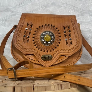 Handmade Moroccan Leather Bag – Hand Tooled Saddle Crossbody – Real Marrakesh Leather with Brass Hardware