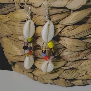 Colorful beaded cowrie shell earrings