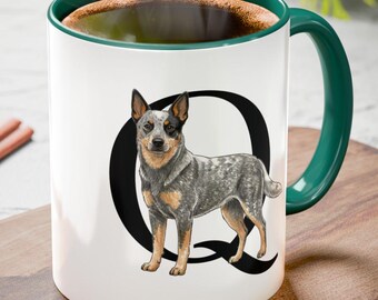 Queensland Heeler, Q Initial Mug, Monogram Mug, Alphabet Dog Mug,  Personalized Dog Lover Gift, Queensland Heeler Illustration, Gifts