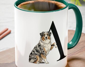 Letter A Initial Mug, Australian Shepherd Monogram Mug, Alphabet Dog Mug,  Personalized Dog Lover Gift, Australian Shepherd Illustration
