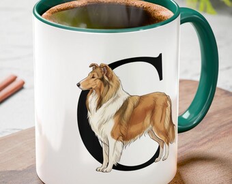 Collie C Initial Mug, Collie Monogram Mug, Alphabet Dog Mug,  Personalized Dog Lover Gift, Collie Illustration, Collie Gifts