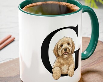 Goldendoodle, G Initial Mug, Monogram Mug, Alphabet Dog Mug,  Personalized Dog Lover Gift, Goldendoodle Illustration, Goldendoodle Gifts