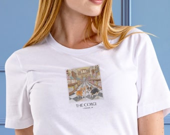 Corgi Shirt: Tea Shopping in London, Polaroid Travel Dog Illustration, Corgi Gifts, Unisex Cotton T-Shirt, Dog Lover