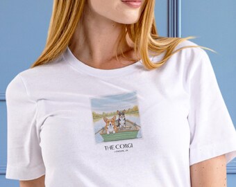 Corgi Shirt: Rowing Boat in Hyde Park, Corgis in London, Polaroid Travel Dog Illustration, Corgi Gifts, Unisex Cotton T-shirt, Dog Lover