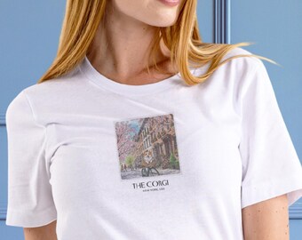 Corgi Shirt: Spring in New York, Polaroid Travel Dog Illustration, Cherry Blossom, Unisex Cotton T-Shirt, Corgi Gifts, Dog Lover