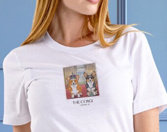 Corgi Shirt: Corgis with Crown Jewels at Buckingham Palace, Polaroid Travel Dog Illustration, Royal Dog, Corgi Gifts, Unisex Cotton T-Shirt