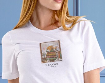 Corgi Shirt: Dreamy Bookshop in London, Polaroid Travel Dog Illustration, Corgi Gifts, Unisex Cotton T-Shirt