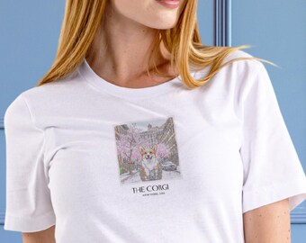 Corgi Shirt: Cherry Blossom Season in New York Polaroid Travel Dog Illustration, Welsh Corgi, Corgi Gifts, Unisex Cotton T-Shirt