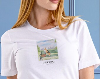 Corgi Shirt: Picnic at Primrose Hill London, Polaroid Travel Dog Illustration, Corgi Gifts, Dog Lover, Unisex Cotton T-Shirt