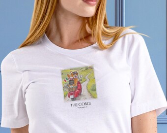 Corgi Shirt: Vespa Tuscany Italy, Polaroid Travel Dog Illustration Gift for Corgi Lovers, Dog Travel Graphic Tee, Unisex Dog Shirt