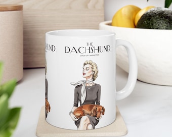 Taza de cerámica vintage con diseño de perro salchicha: elegante dama (Marilyn Monroe) y perro