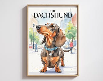 Impresión de acuarela de perro salchicha de Nueva York: Arte canino urbano (Descarga digital, archivo PDF/JPEG)