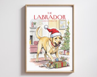 Aquarell Labrador Weihnacht-Druck: Gelber Labrador mit Weihnachtsmütze (Digitaler Download)