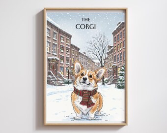 Impressão em aquarela de um Welsh Corgi: Cena de inverno nevado em Manhattan (Download digital)