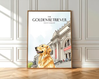 Golden Retriever Aquarell Print: NYC MET Treppen Kunst, Geschenk für Hundeliebhaber (Fine Art Poster)