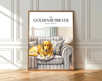 Impresión en acuarela de un golden retriever: decoración costera para amantes de los libros (póster de bellas artes)