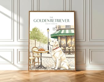 Parisian Cafe Golden Retriever Aquarell Druck: Hundeliebhaber Reisekunst (Fine Art Poster)