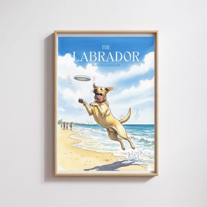 Labrador digital print, dog lover gift, yellow labrador catching frisbee, coastal chic decor, watercolor dog art, beach house wall decor