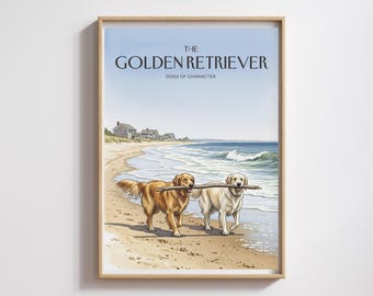 Golden Retriever Watercolor Print: Nantucket Beach Coastal Art (Digital Download