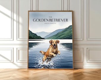 Impresión en acuarela de un golden retriever: arte canino del lago Escocia (póster de bellas artes)