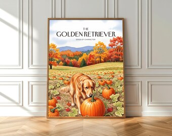 Impresión en acuarela de un Golden Retriever con calabazas: decoración otoñal para amantes de los perros (póster de bellas artes)