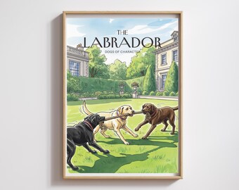 Labrador Aquarell Print: Gelbe & schwarze Labradore beim Tauziehen (Digitaler Download)