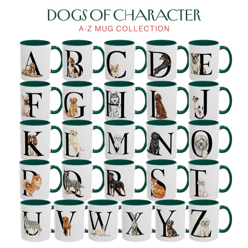 Pu&ograve; includere: Una collezione di tazze in ceramica bianca con interno e manico verdi. Ogni tazza presenta una lettera dell'alfabeto e un'illustrazione di una razza canina. Il testo "DOGS OF CHARACTER A-Z MUG COLLECTION" &egrave; in alto.