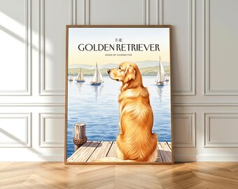 Impresión en acuarela de un golden retriever: Arte canino náutico de Nantucket (póster de bellas artes)