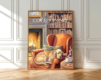 Watercolor Cocker Spaniel Print: Cozy Fireplace, Autumn Home Decor (Fine Art Poster)