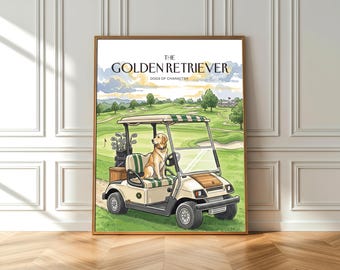 Golden Retriever Golf Cart Aquarell Kunstdruck: Hunde Geschenk (Fine Art Poster)