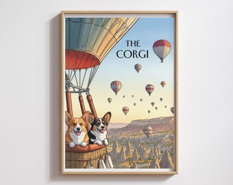 Impresión de acuarela de un corgi en globo aerostático: Paisaje de Capadocia (Descarga digital)