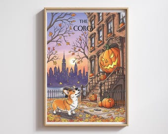 Estampa divertida de Corgi para o Halloween: Horizonte de Nova York, Folhas de Outono (Download Digital)