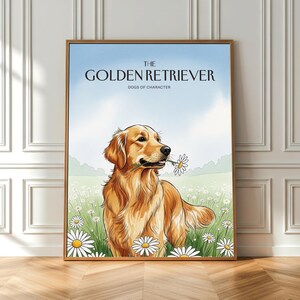 Impresión en acuarela de un golden retriever: margaritas de primavera (póster de bellas artes)